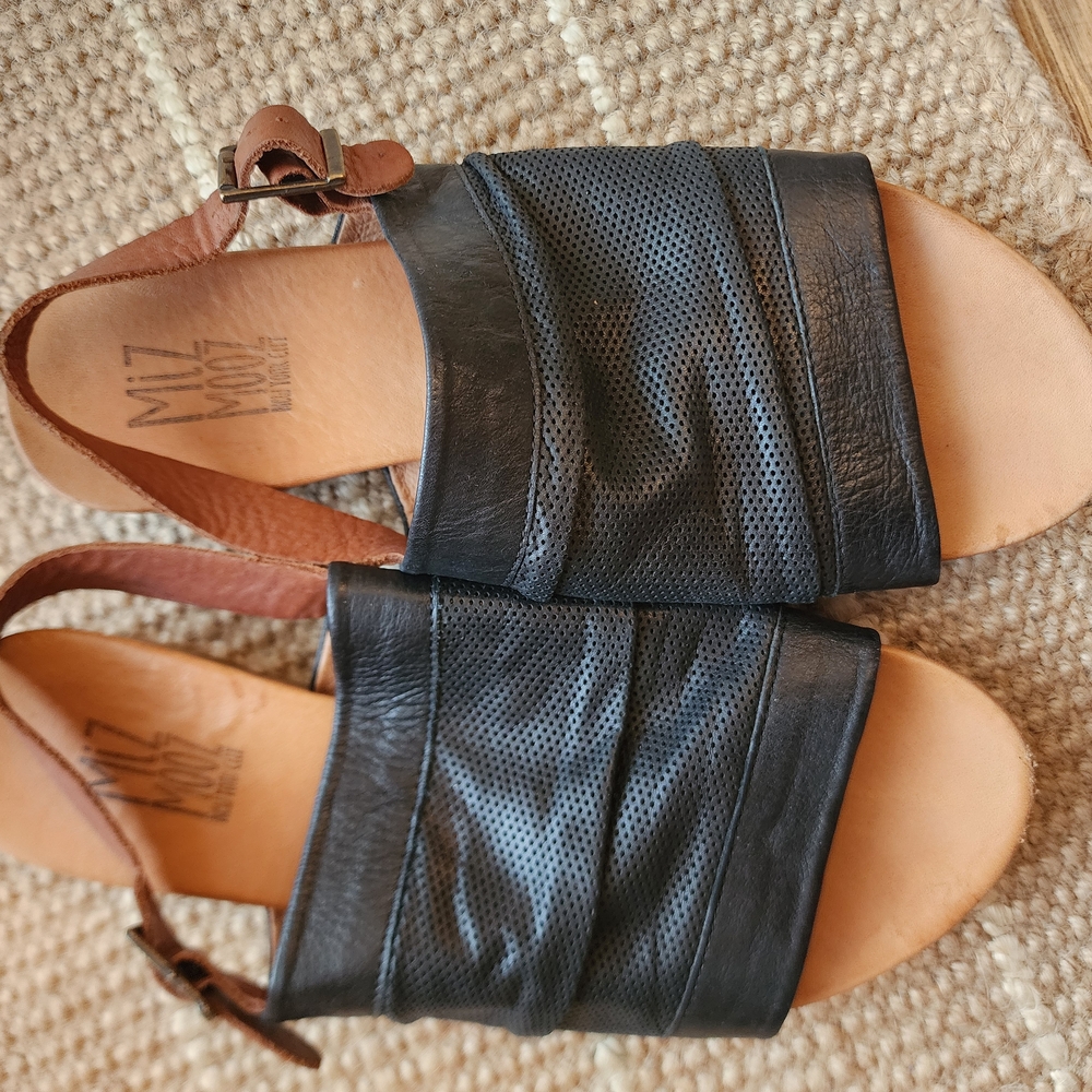 Miz Mooz Black and Brown Leather Sandals with Ankle Strap